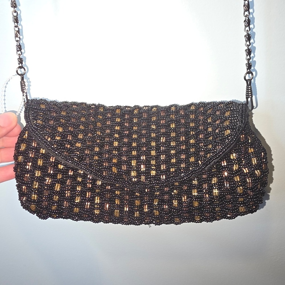 Moni Couture Beaded Evening Clutch‎ Black Gold Y2K Chain Strap